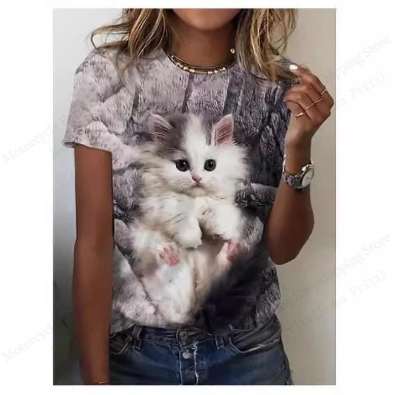Summer Round Neck 3D Cat Print Top Fashionable Casual Short Sleeved Women's T-shirts