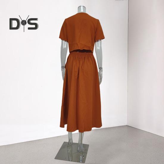 Women's Shirt And Skirt Solid Color O Neck Button Down Blouse Skirt with Pockets Summer Outfit for Office Business Occasions