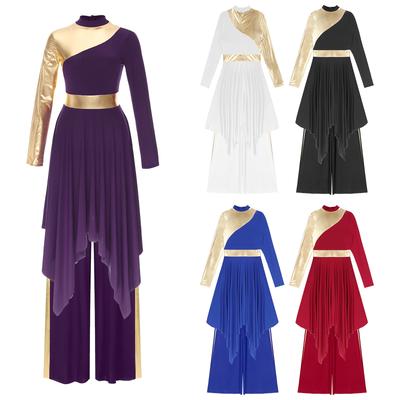Women's Praise Dance Outfit Color Block Worship Dance Dress with Pants Liturgical Dancewear