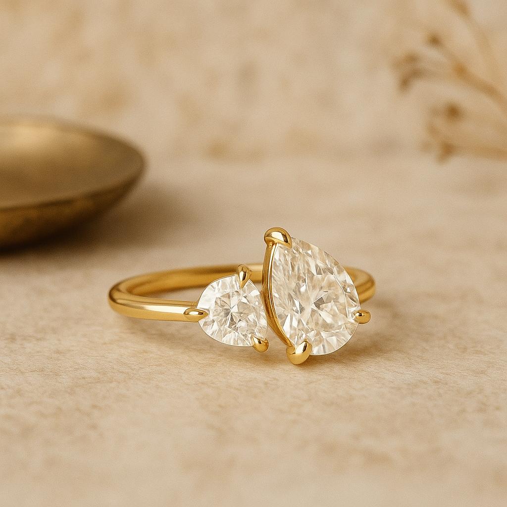 Two Stone Pear Cut Ring, Yellow Gold Plated 925 Sterling Silver, Bypass Engagement Jewelry, Anniversary Gift for Her