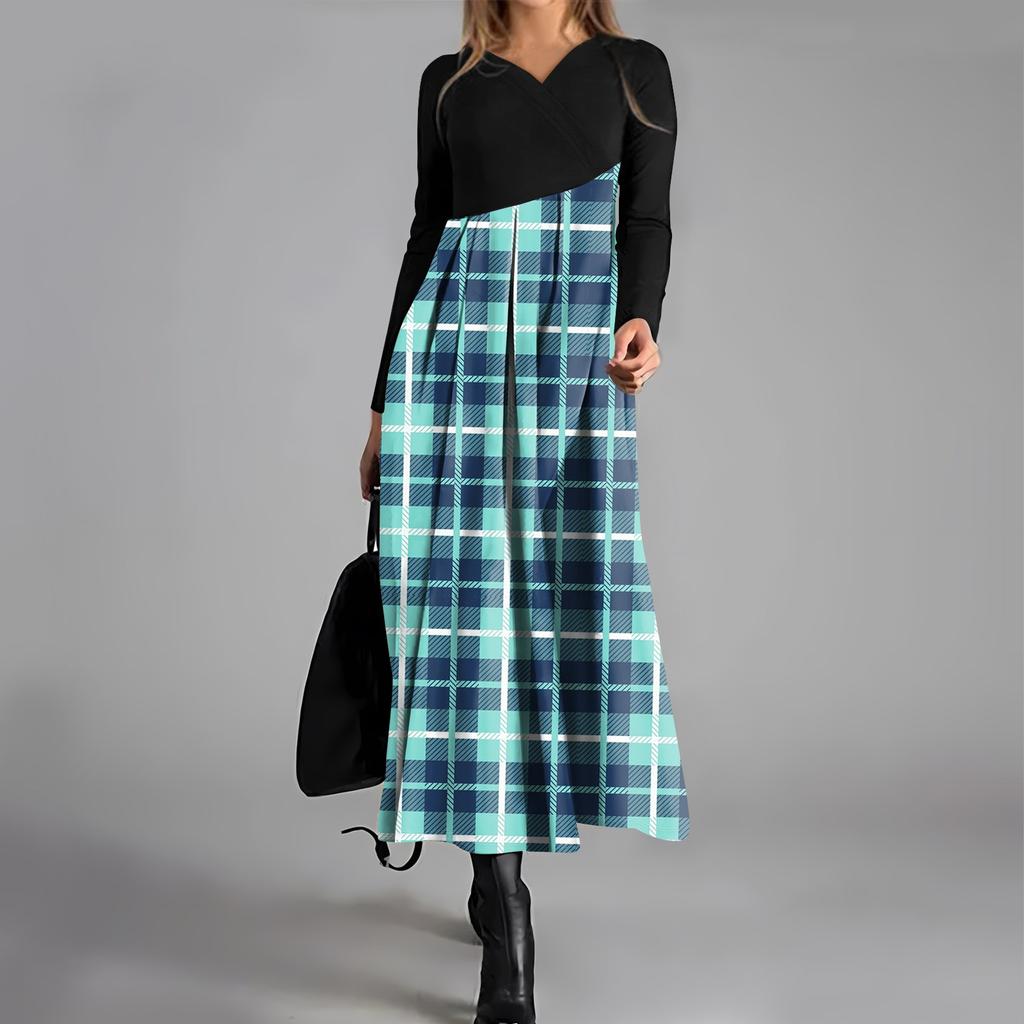Women's Casual V-neck Long Sleeved Dress With Checkered Print, Waist Cinching Pocket, And Large Swing Dress