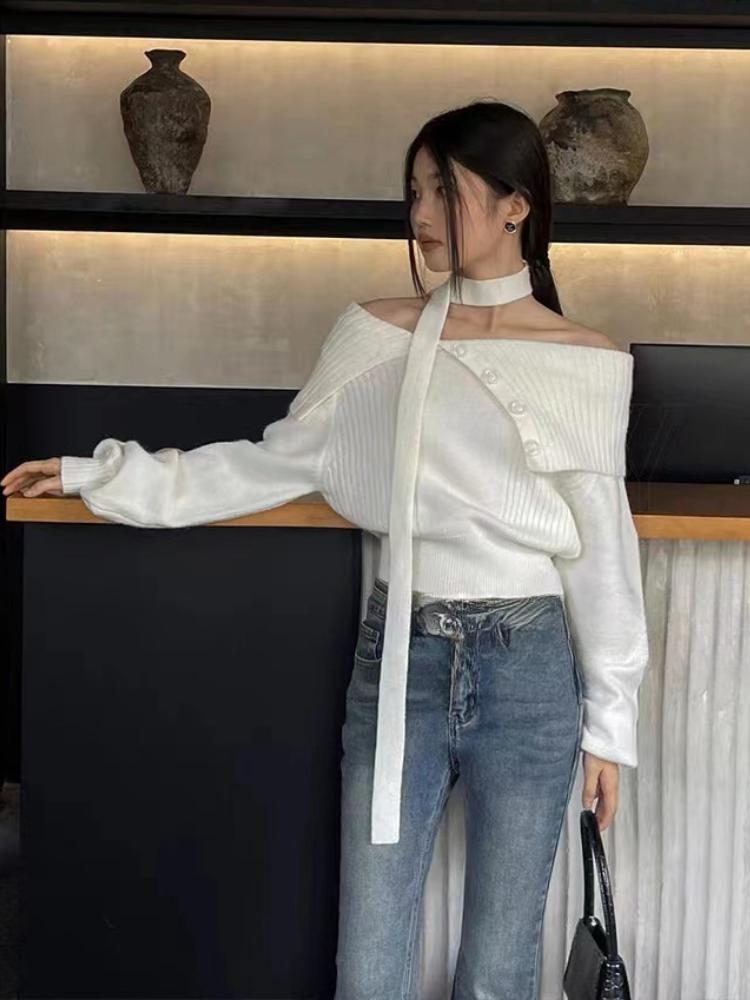 Off Shoulder Sexy Knitted Sweater Women French Lapels Elegant Warm Sweater Tops Autumn Winter Fashion Loose Patchwork Pullover New