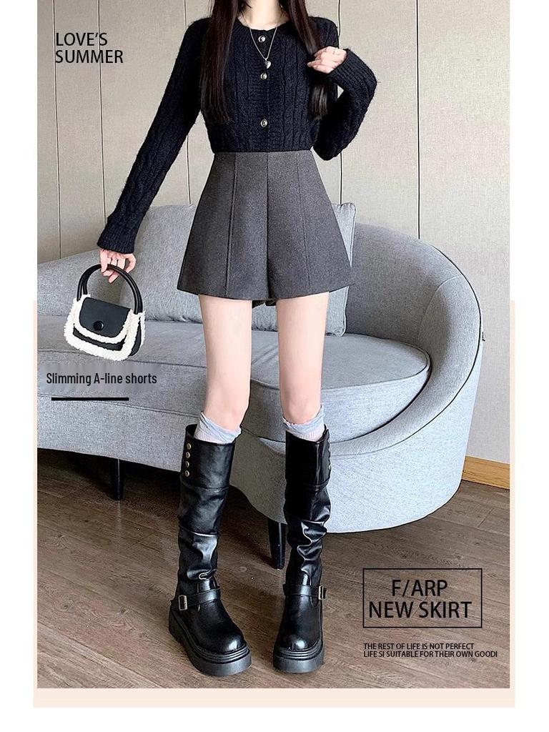 Women's Gray Woolen High-Waist A-line Shorts for Autumn & Winter - 2024 Casual Wide-Leg Pants with Boots