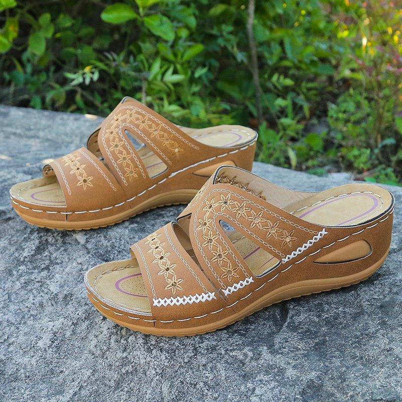 Flip-flops with Wedge Heels Fish-mouth Thick-soled Large-sized Shoes and Embroidered Flip-flops