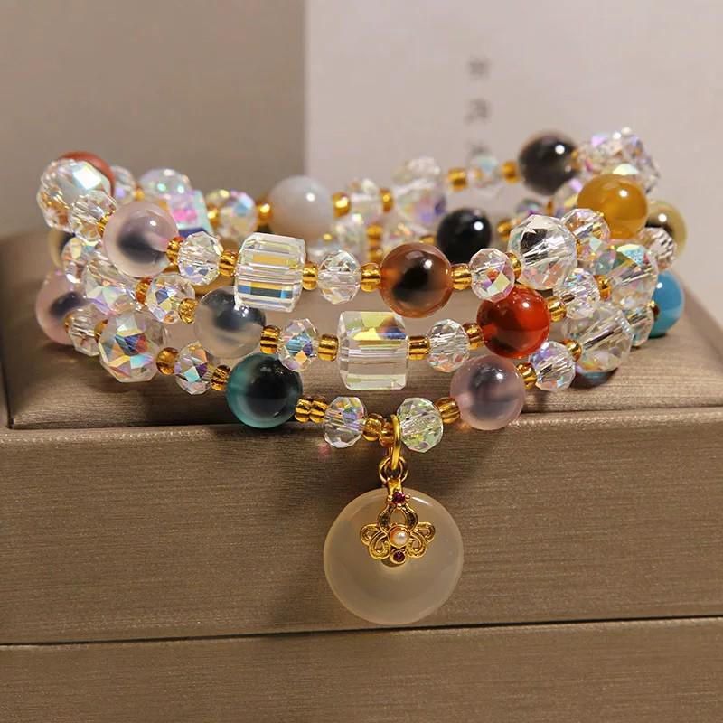 Chic Multi-Layer Agate & Chalcedony Bracelet with Ping'an Buckle Pendant for Women