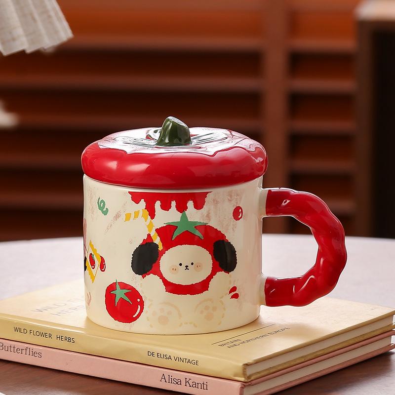 Cute persimmon mug with lid birthday gift souvenir high value coffee cup household girls ceramic cup