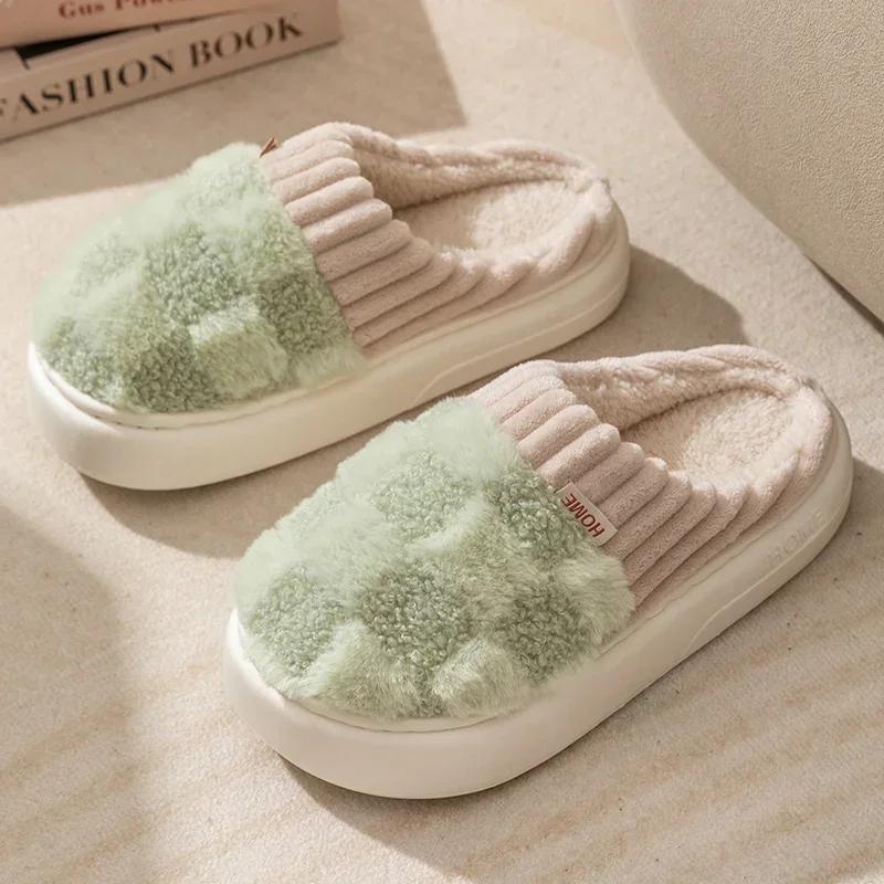 Fashion Autum Winter Plush Warm Women Cotton Slippers Casual Indoor Home Toe Wrap Cartoon Slides Men Anti Slip Thick Platform Soft Shoes