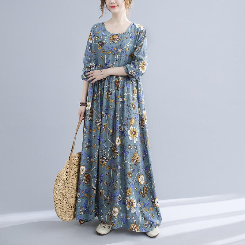 İlkbahar ve Yaz Aylarında Pamuk ve Keten Nefes Alabilen Elbise Büyük Boy Baskılı Yuvarlak Yaka Uzun Kollu Büyük Salıncak Elbise