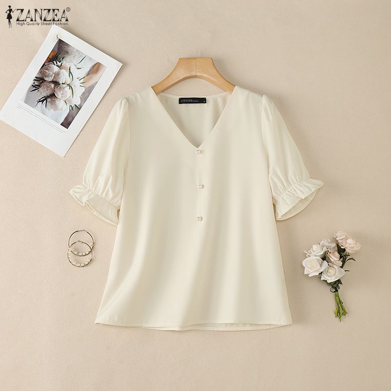 ZANZEA Women Casual V-Neck Solid Color Short Sleeve Blouse