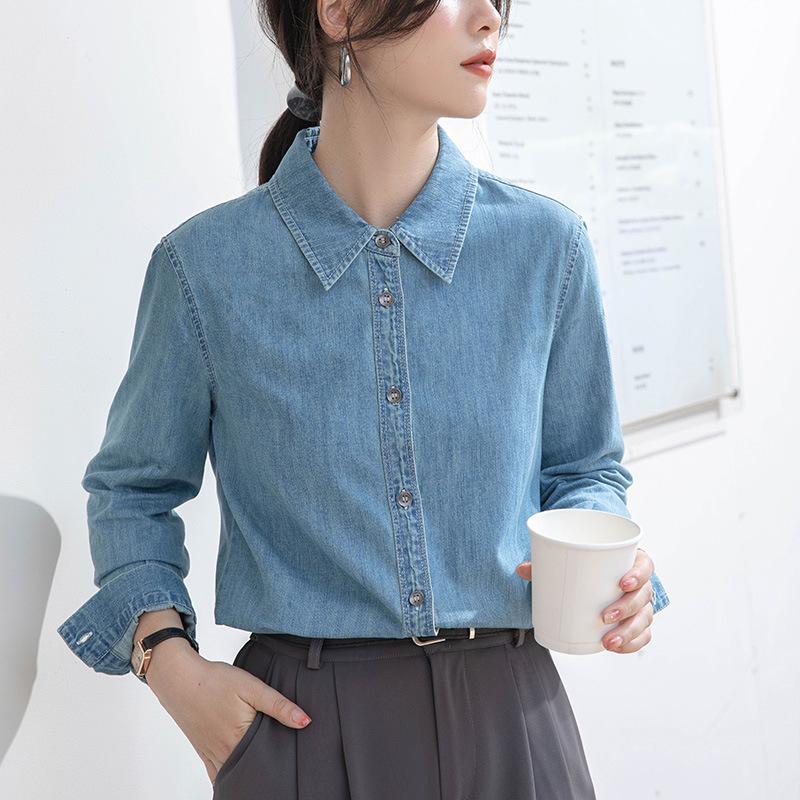 Velvet Blue Denim Shirt: Women s Layered Retro Hong Kong Style Long Sleeve Top M