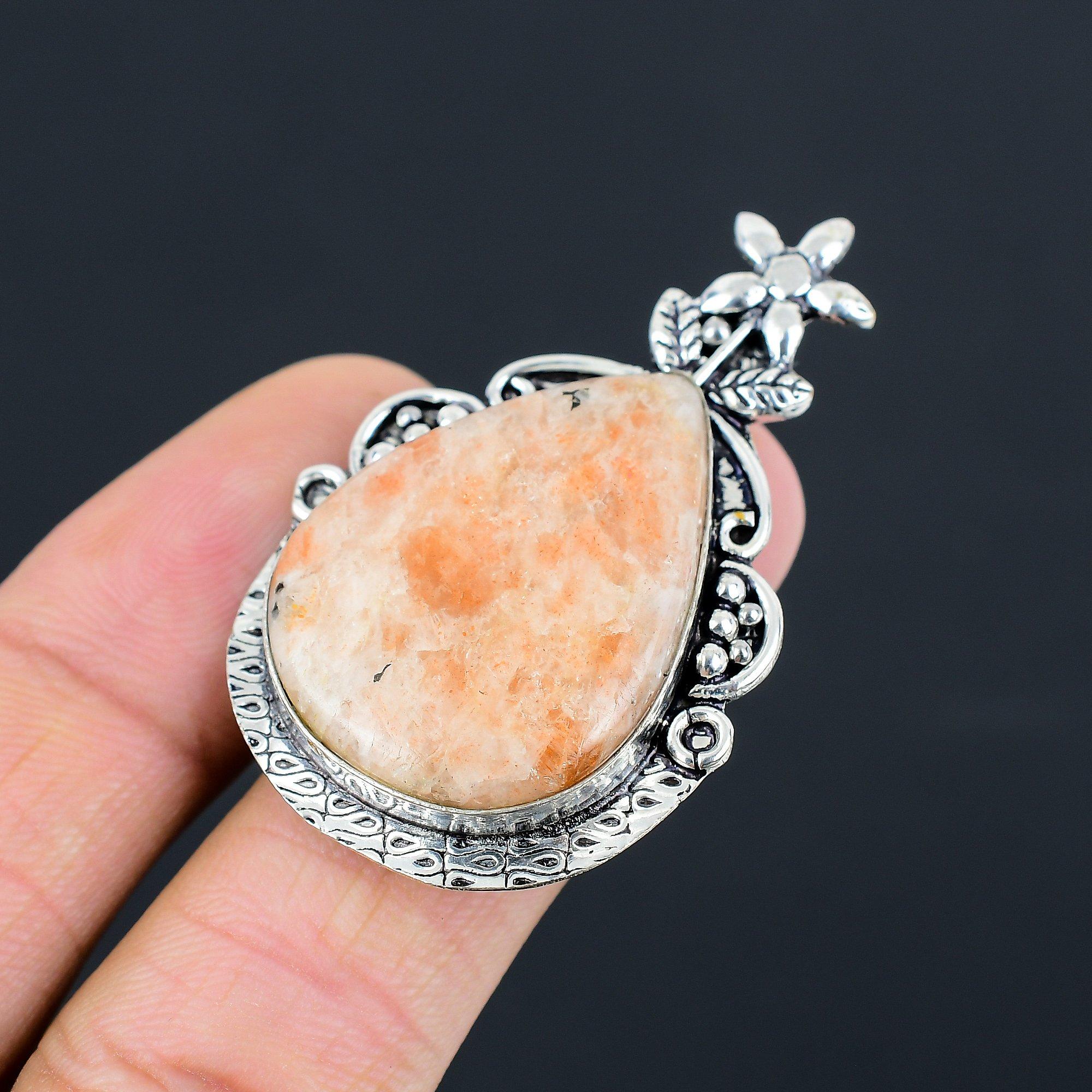 Sterling Silver Pear Natural Sunstone Flower Handcrafted Stackable Ring Size 7 7