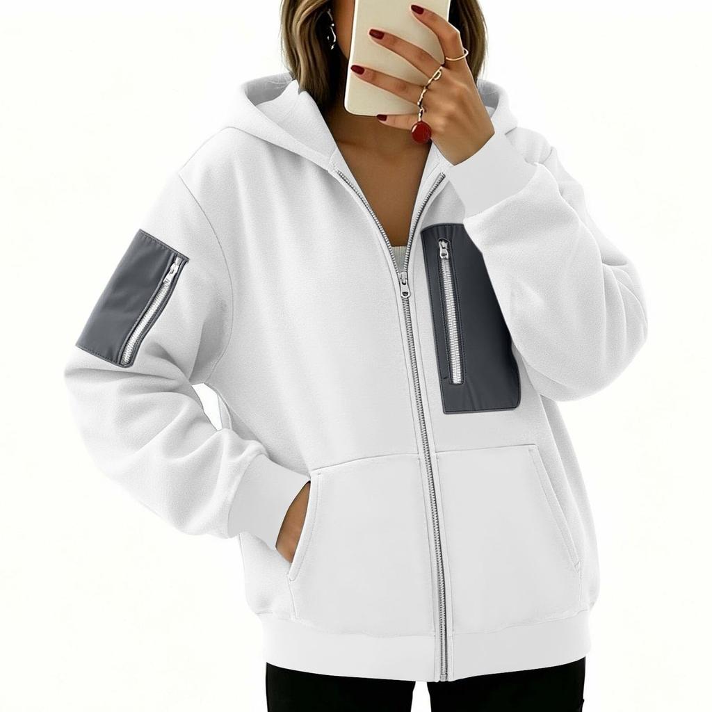 Women's Full-Zip Hooded Patchwork Sweatshirt Jacket for Casual Everyday Wear