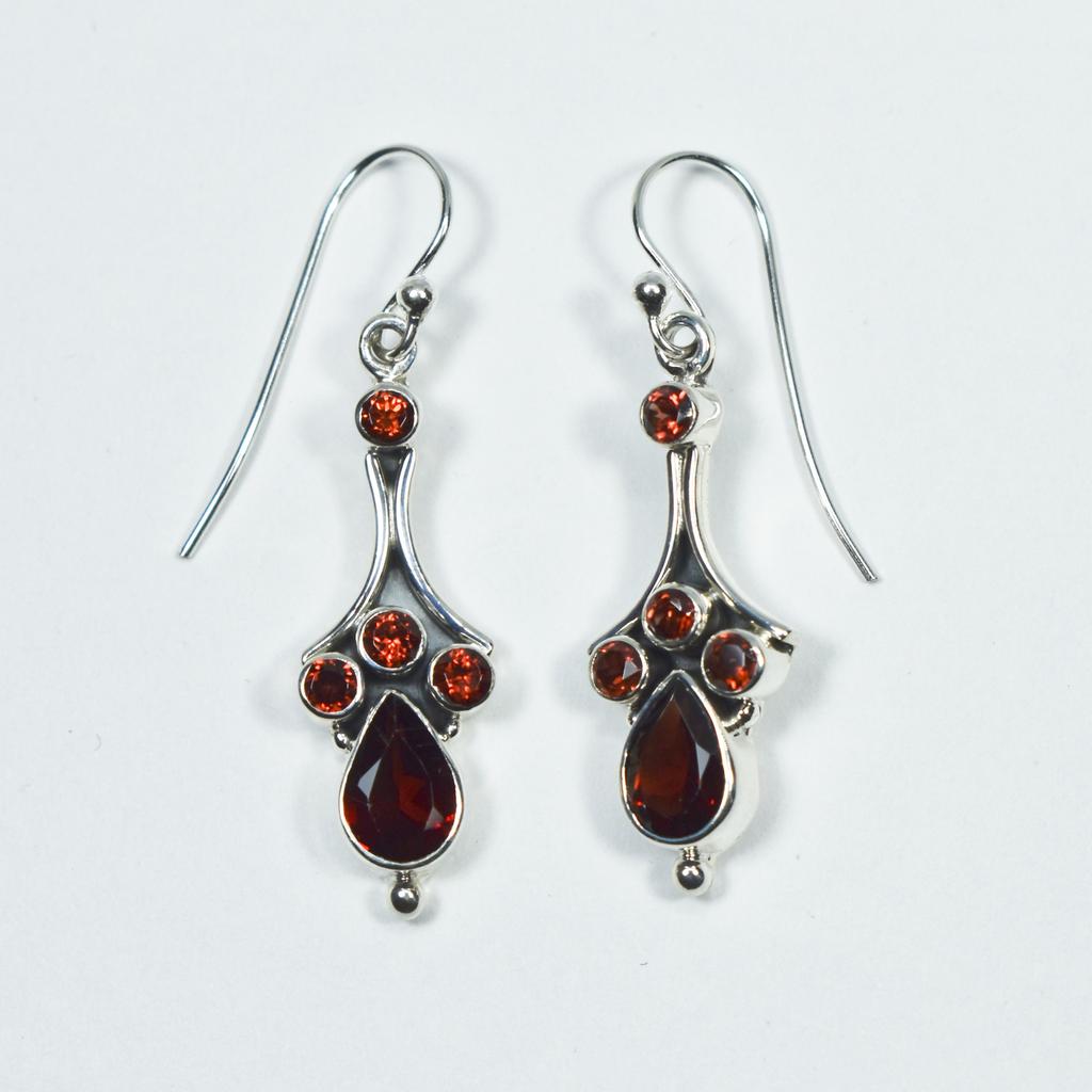 Vintage Garnet Dangle Earrings: Handmade Oxidized 925 Sterling Silver