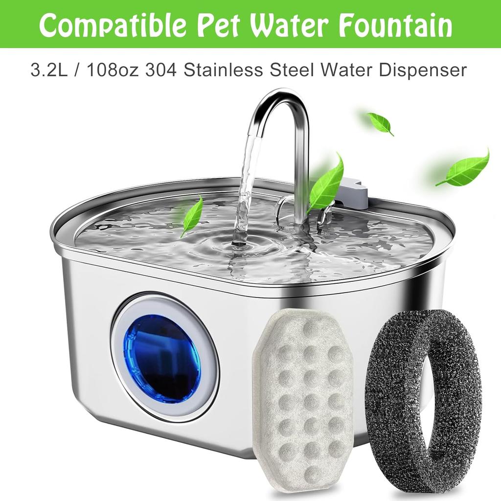 16 Pack Cat Water Fountain Filters Replacement for 108oz/3.2L Stainless Steel Pet Water Fountain with 16Pack Pre-Filter Sponges, Dog Water Bowl