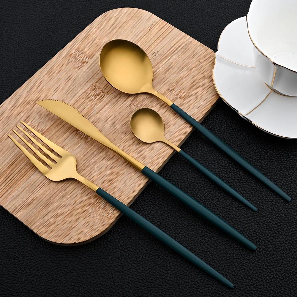 30Pcs Dinnerware Set Stainless Steel Flatware Matte Gold Cutlery Set Cake Fruit Fork Kitchen Knife Fork Spoon Tableware Set