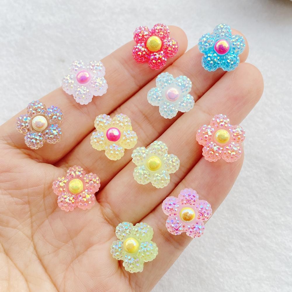 30pcs Colorful Resin Kawaii Cute Shiny Flowers Nail Art Flat Back Stone Figurines Scrapbook  DIY Manicures Appliques Crafts
