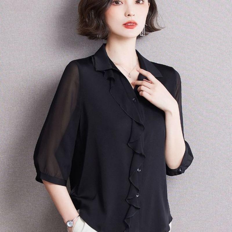 Satin Shirt for Women 2025 New Fashion Quarter Sleeve Shirt Chiffon Shirt Top