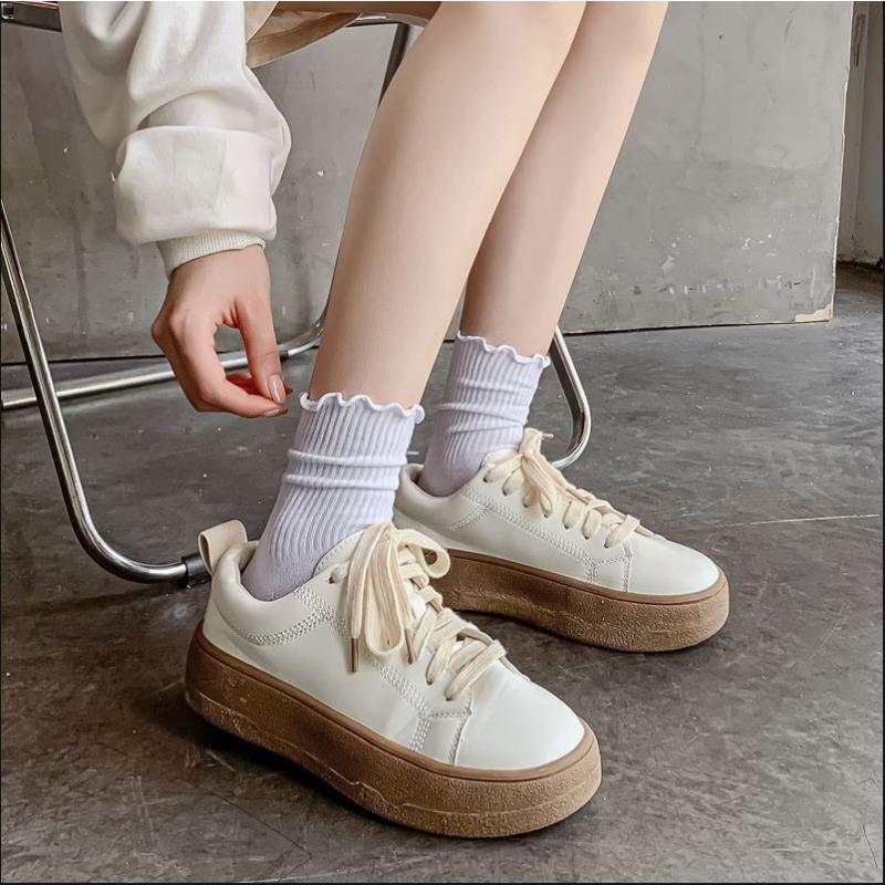 5 Pairs of Wooden Ear Edge Socks Women's Mid-calf Spring, Autumn and Summer Models of Three-colour Cotton Socks Solid-coloured Lace Stacked Socks