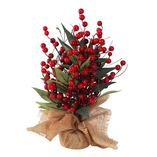 Small Christmas Artificial Plants with Burlap Base Faux Pine Branches with Red Berries/Poinsettias Flower