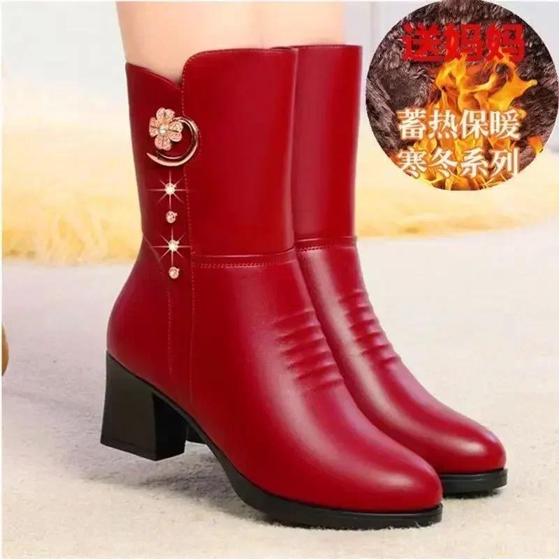 Fashion Casual Chic Mid-calf Boots for Womens Chunky High Heels Shoe Winter  Plush Warm Side Zipper Modern Boot Black Red Botas