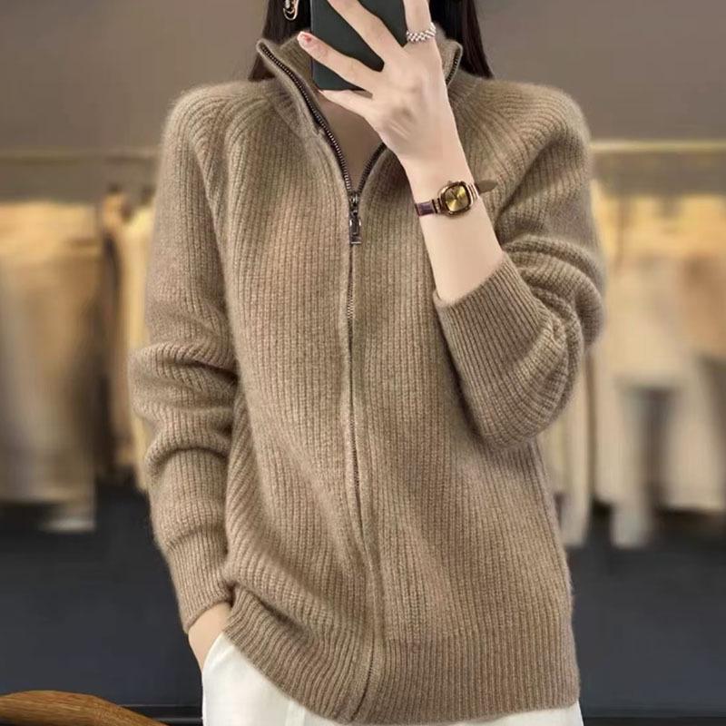 Dámský silný pletený kardigan na zip - Volný, ležérní styl, univerzální svetr z umělé vlny