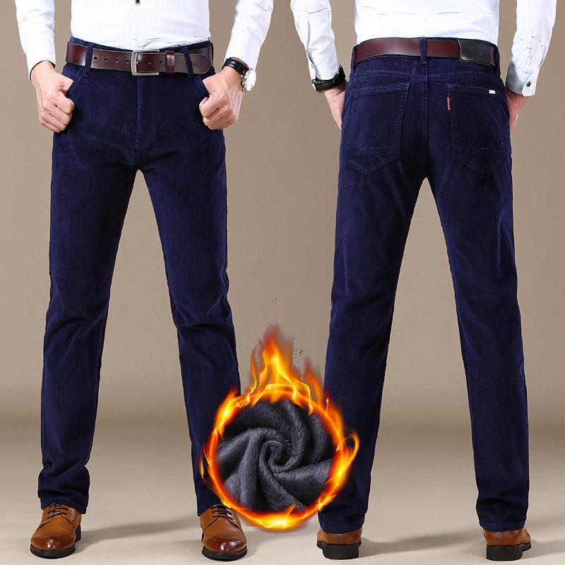Winter New Men'S Thick And Warm Elastic Striped Velvet Pants With Corduroy, High Waisted Casual Pants, Straight Leg Loose Pants