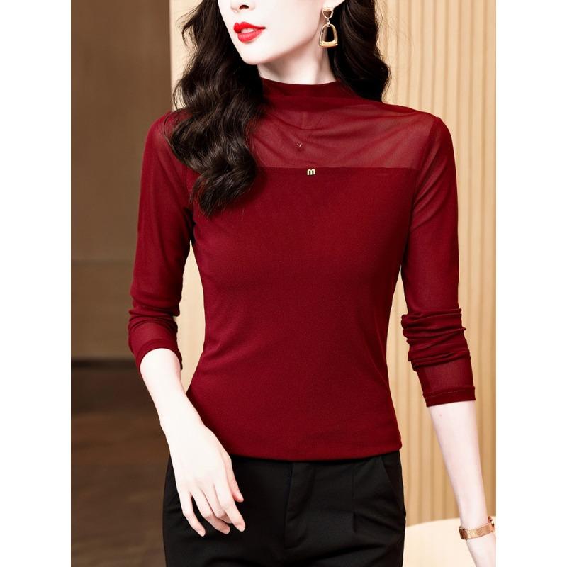 Nuevo Estilo de Invierno Versátil Camiseta de Cuello Alto Medio Slim Manga Larga Malla Camiseta Base Top para Mujer