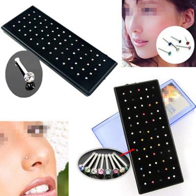 60 x Nasenring mit Kristall-Strasssteinen, Knochenstecker, chirurgischer Stahl, Piercing-Schmuck