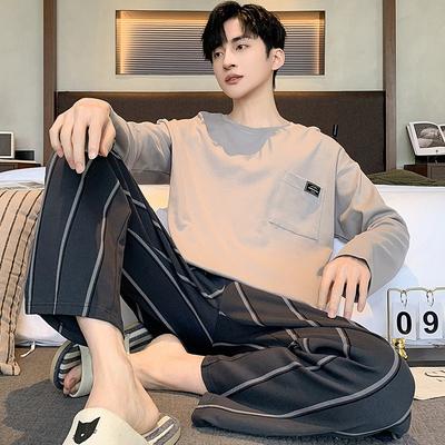 Pijamas masculinos primavera outono algodão manga comprida calças compridas pulôver pode ser usado fora outono casual loungewear conjunto