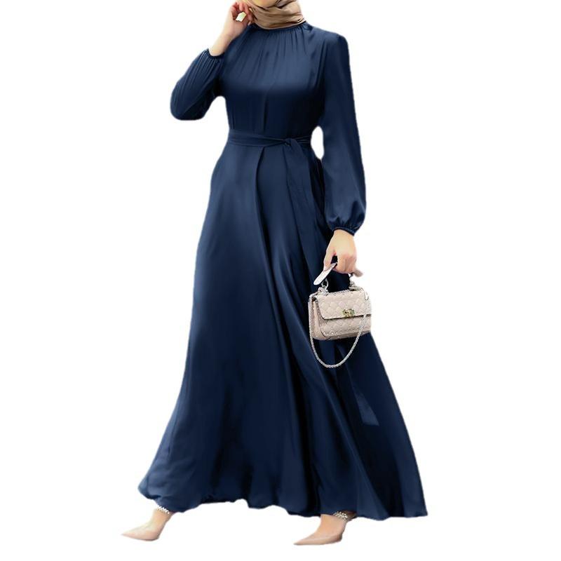 Women's Elegant Round Neck Lantern Sleeve Tie-Waist Slimming Robe Dress