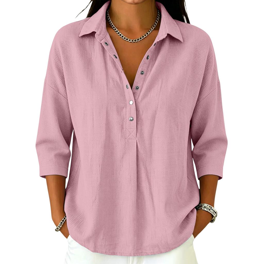 Women's Waffle Knit Top Collar V Neck Half Button 3/4 Sleeve Loose Fit Casual Blouse Multi Color