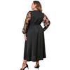 Women Gown Dress V-neck Embroidered Lace Mesh Long Sleeves Midi Dress High Waist Wrap Dress with Belt