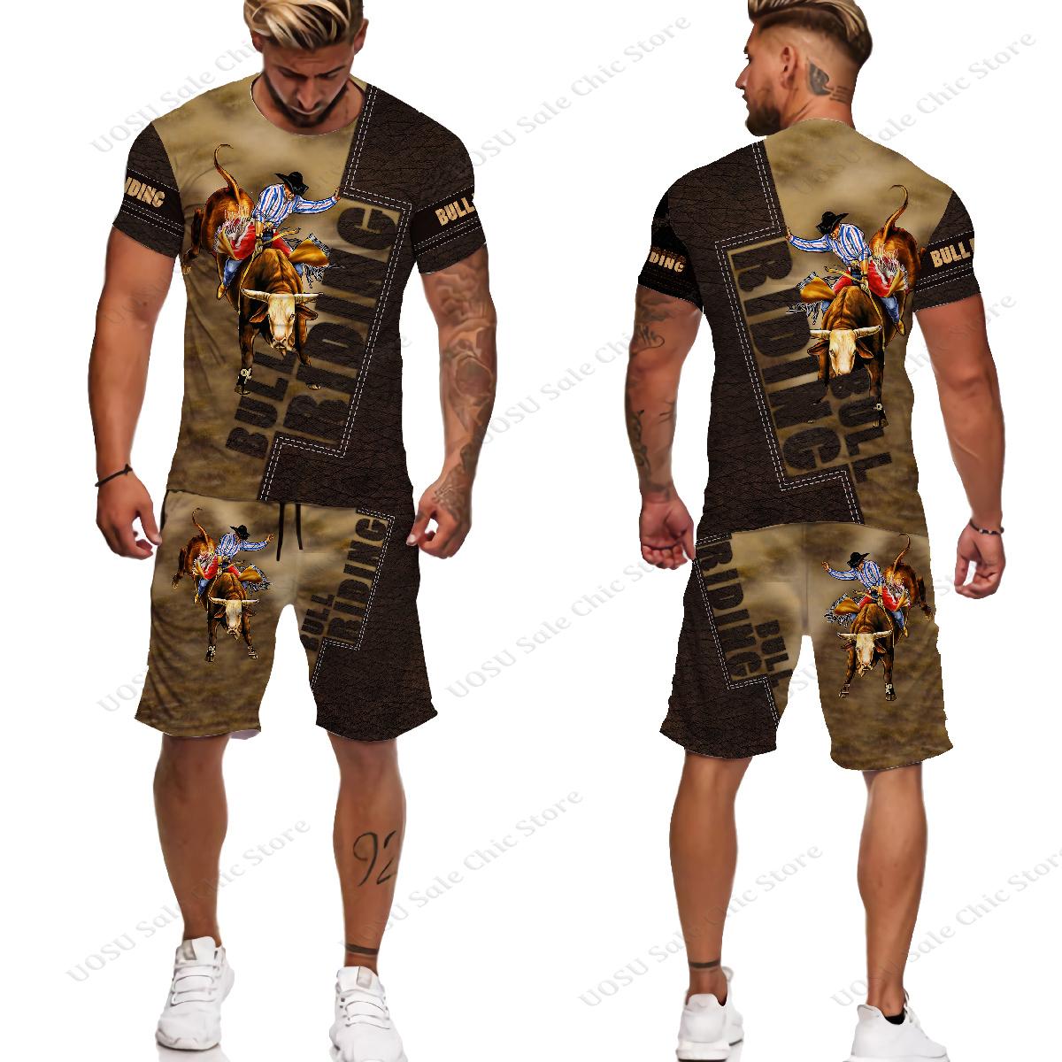 

Мужские футболки/костюмы с 3D принтом, ковбойские татуировки с животными, ездой на быке, летняя повседневная уличная одежда, футболки с короткими рукавами, комплекты спортивной одежды XL