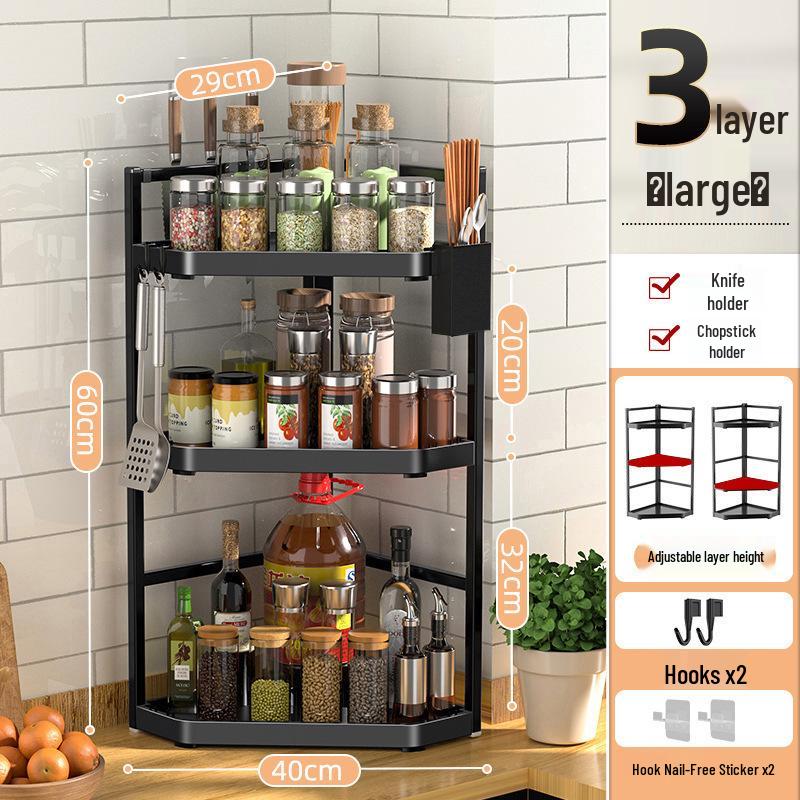 Corner Wall-Mounted Kitchen Spice Rack - No-Drill, Triangle Design for Countertop and Pendant Storage.