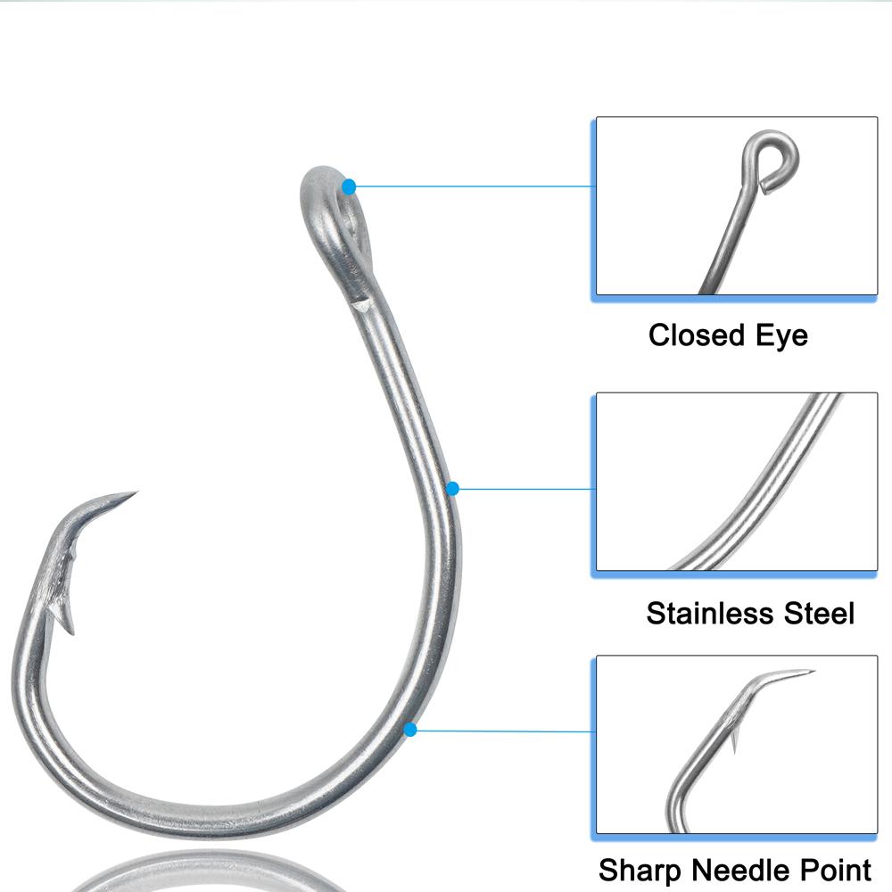 40Pcs/Box Saltwater Tuna Circle Hooks Stainless Steel Inline Big Game Circle Hooks Short Shank Saltwater 3X Strong Fishing Hooks