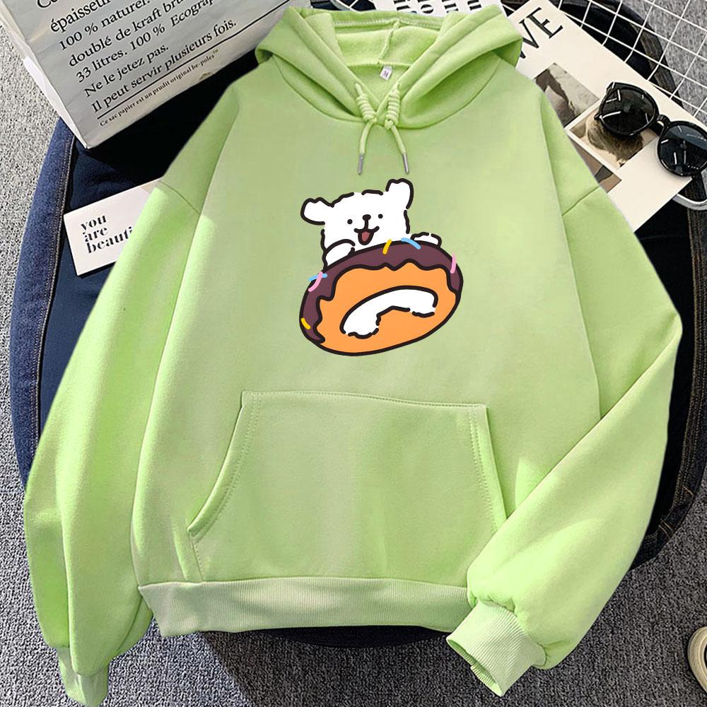 Puppy Maltese Dog Doughnut Printing Hoodies Long Sleeve Winter Fleece Hooded Sweatshirts Kawaii Cartoon Print Women Pullovers