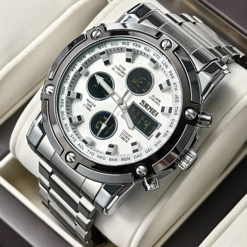 Dual Display Electronic Watch, Multi-function Steel Strap, Large Dial, Three-time Men's Waterproof Watch