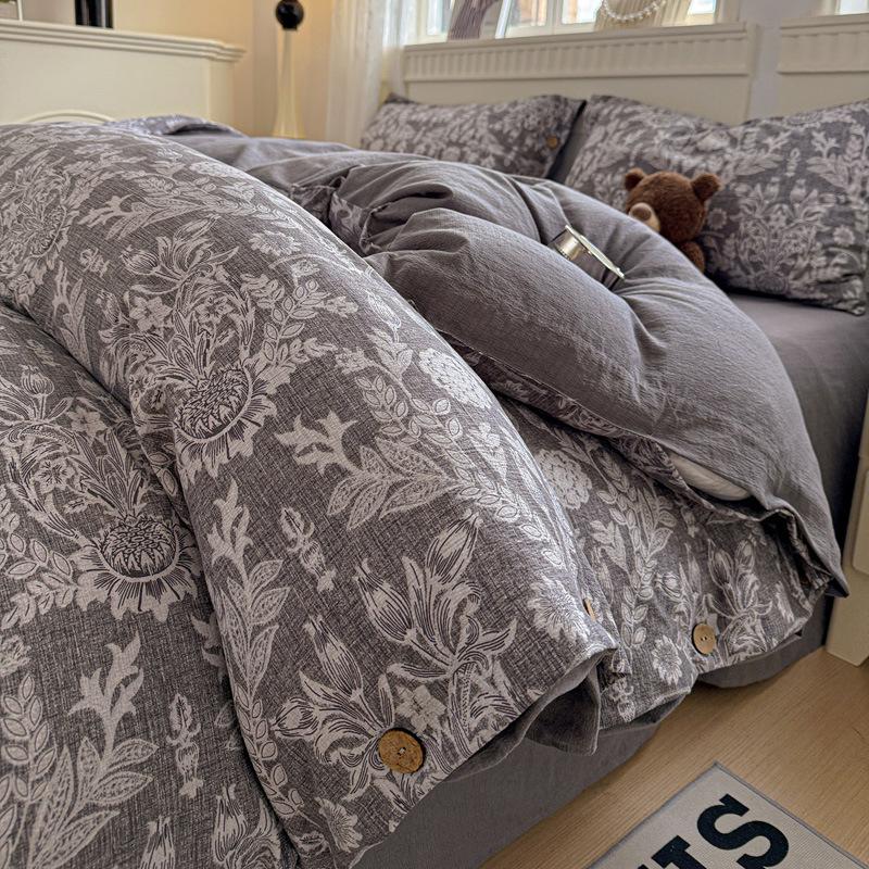 Retro Floral Linen Bedding Set: Autumn & Winter 4-Piece with Button Duvet Cover & Sheet