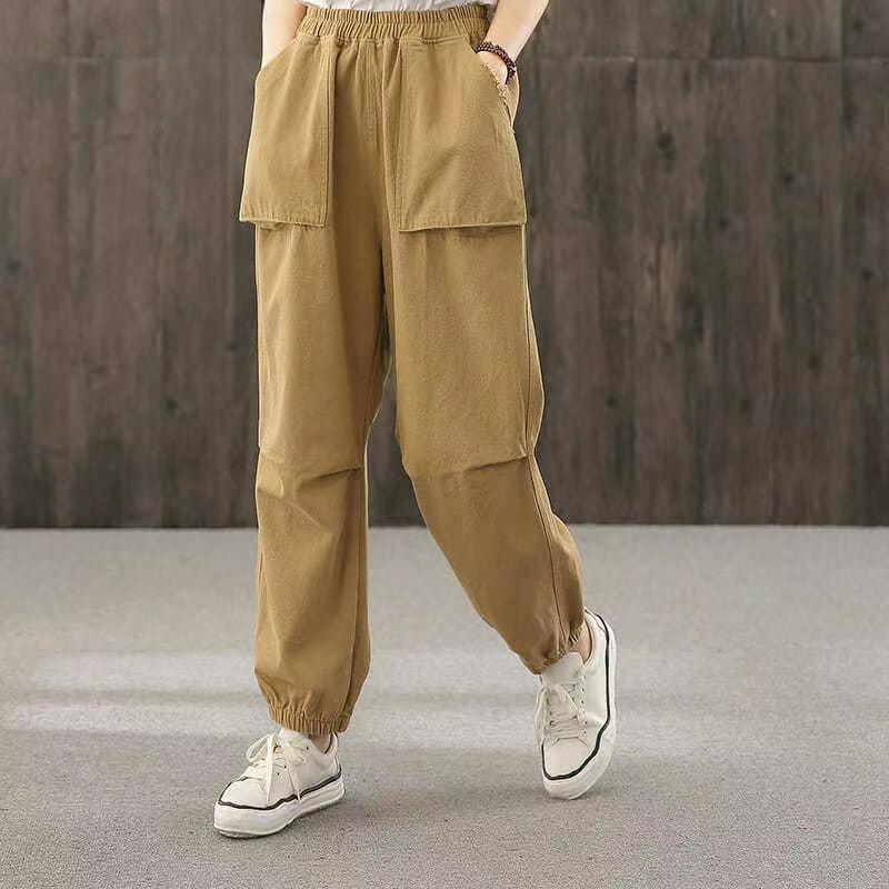 Простые, универсальные и удобные комбинезоны, брюки с карманами, свободные складки, литературные повседневные брюки, низ штанин S хаки
