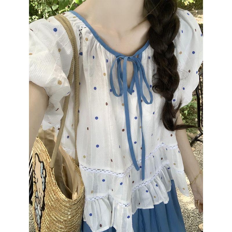 Kumikumi Vacation Set French Style Polka Dot Puff Sleeve Shirts Women Summer Loose Blue Skirt Two-piece Set