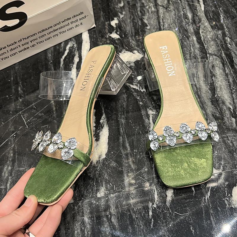 Fashion Shoes Female 2025 New Open Toe Women's Slippers Fashion Crystal Outdoor Dress Summer Square Toe Best Seller Heels Women Zapatos