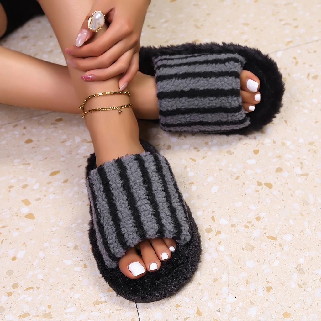 Sıcak Fiyonk Dekor Terlikler, Rahat Açık Burunlu Peluş Ayakkabılar, Rahat İç Mekan Ev Terlikleri