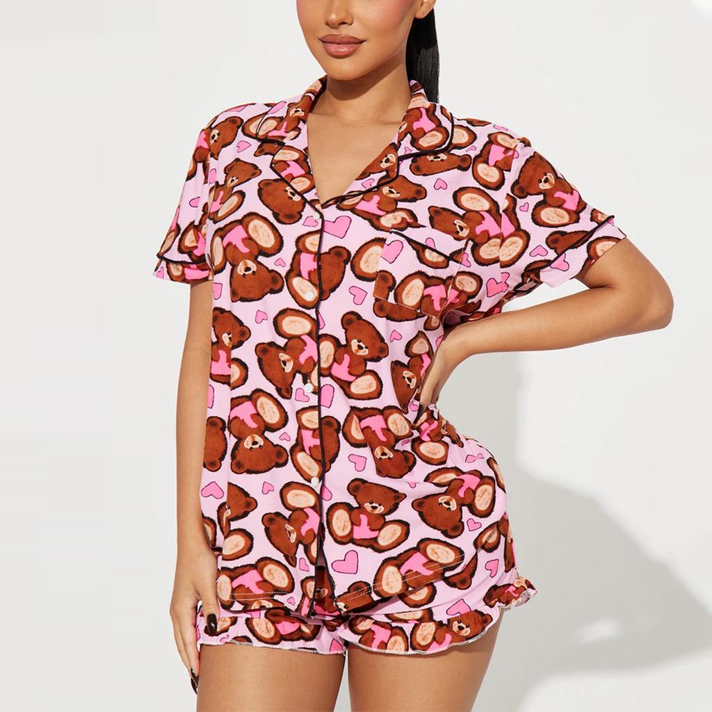Pajama Lapel Printed Short-sleeved Shirt and Shorts Two-piece Set for Women's Home Wear