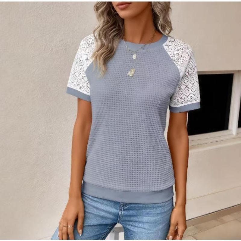 Women's Summer T-shirt Jacquard Knit Hollow Lace Splicing Loose Short-sleeved Tops