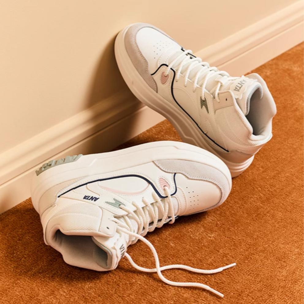 Anta Muffin Versatile Trendy Casual Slip-Resistant Durable Mid-Top Skate Shoes Women Sneakers White Gray Pink 922448082-3