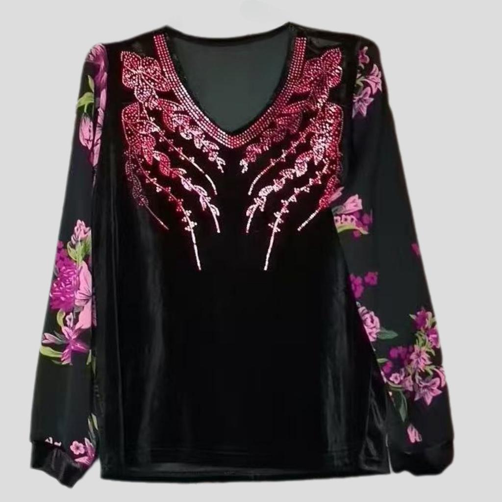 Autumn Winter Women's V-neck Velvet Blouse Rhinestone Loose Patchwork Printed Pullover Blouse