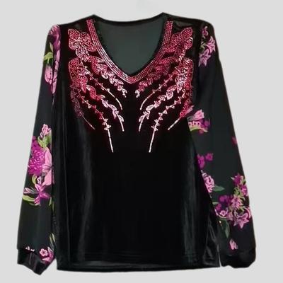 Autumn Winter Women's V-neck Velvet Blouse Rhinestone Loose Patchwork Printed Pullover Blouse