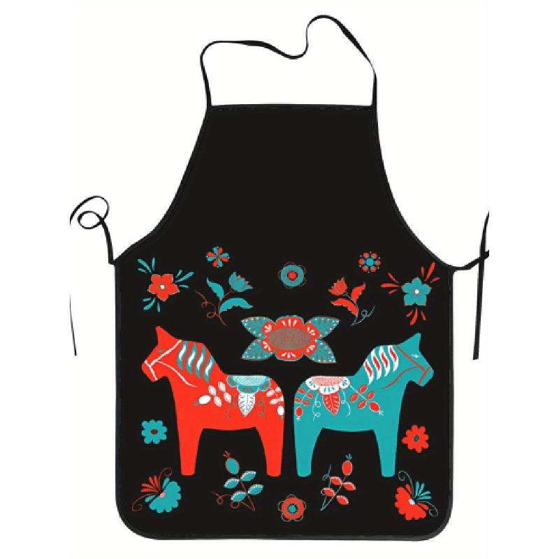 1pc BBQ Apron Showcasing Printed Swedish Dala Horses, Suitable For Both Men And Women. A Lovely Decoration For Festivals