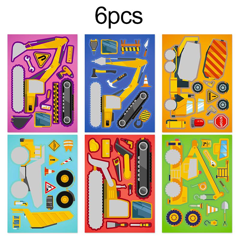 

6Sheets Change Stickers Engineering Truck Cake Marine Animals Handmade DIY Cartoon Puzzle Stickers Laptop Skateboard Sticker TMZ