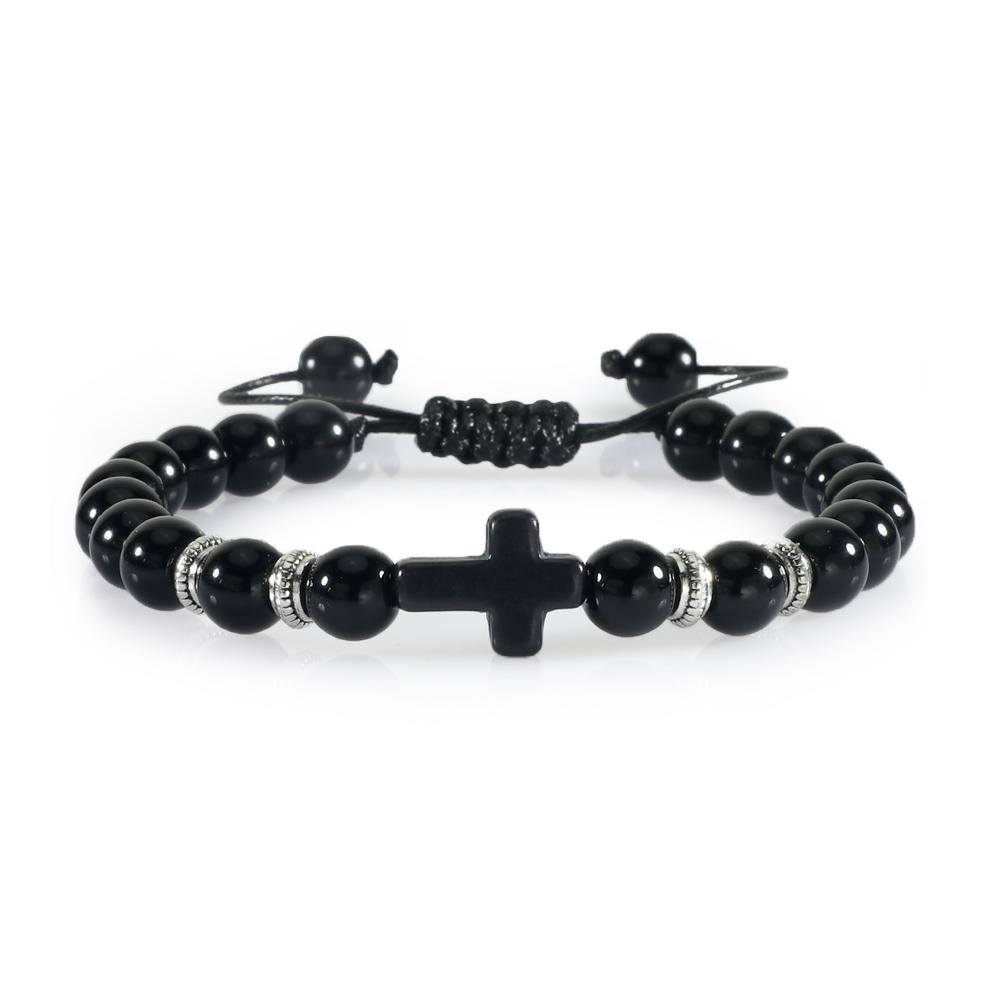 Prayer Men Women Bracelet Hematite Cross Rosary Natural Stone Beads Jesus Onyx Meditation Bracelets Bangles Jewelry Gift Pulsera